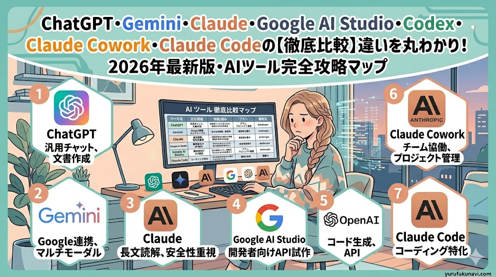ChatGPT・Gemini・Claude・Google AI Studio・Codex・Claude Cowork・Claude Codeの違いを徹底比較【2026年版】
